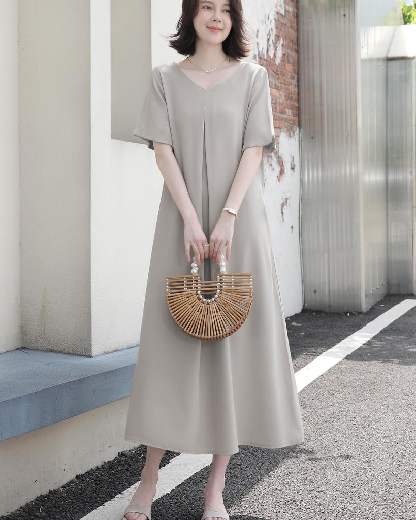 Yino Long Dress with and Short Loose Puff Plus Summer Women's V-Neck Tuck, Sleeves, Cute, Fit, Sleeves, Pockets, Sizes, Slimming, Stylish, Elegant,