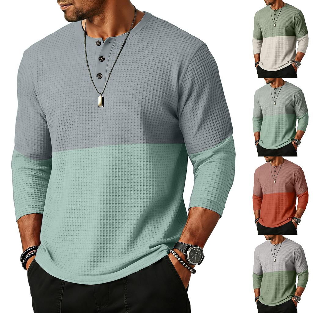 Men Knit Long Sleeve Henley Shirt Casual Crewneck Button Down Patchwork Pullover Top for Everyday Wear