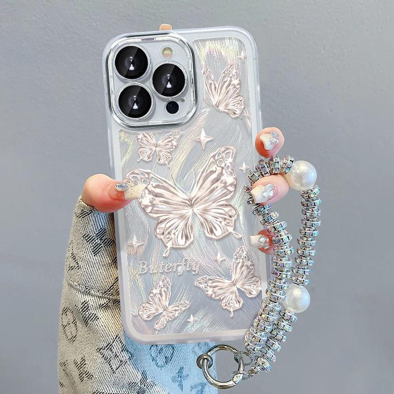 For iPhone 14 Pro Max TPU Case Silver Butterfly Aesthetic Phone Cover with Phone Chain