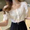Square Collar Hollow Out White Blouse 2023 Fashion Elegant Summer Short Sleeve Woman Shirts Women Korean Lace Shirt Blusas 13934