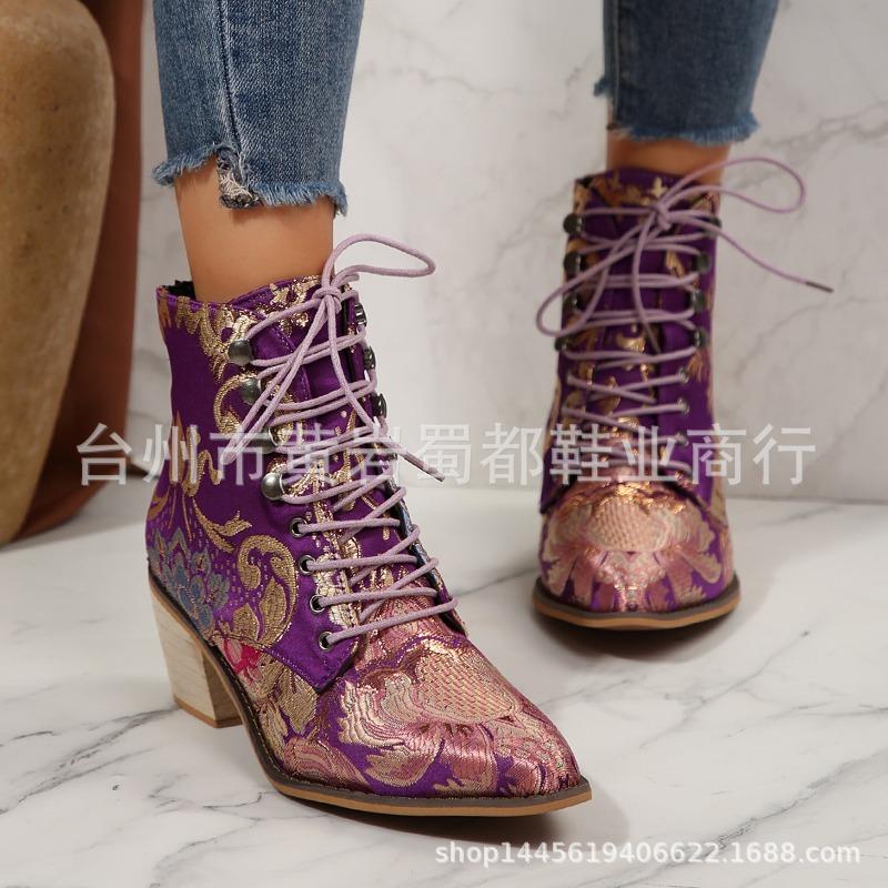 Autumn and winter new embroidered high-heeled Martin boots large size lace-up thick-heeled short boots women