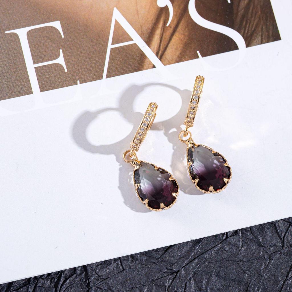 Copper Gold Plated Gradient Water Drop Earrings with Micro-set Flower Claw Design