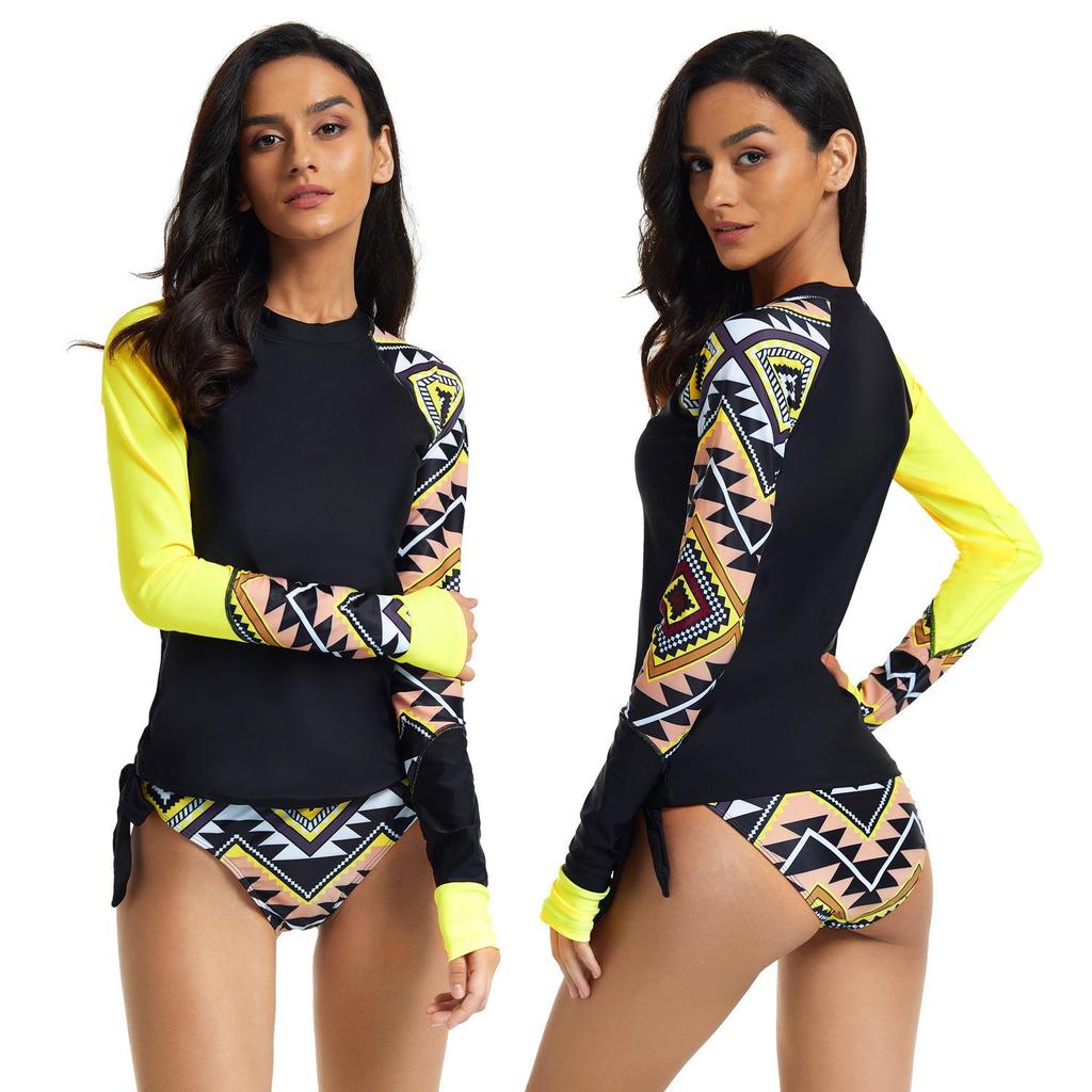 2024 Geometric Pattern Long-Sleeve Triangle Shorts Two-Piece Surf Suit