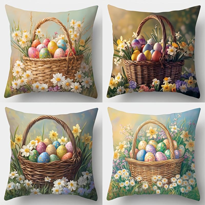 1Pc Easter Basket Pillowcase Colorful Egg Flower Pattern Decorative Cushion Cover For Sofa Living Room Spring Holiday Decor