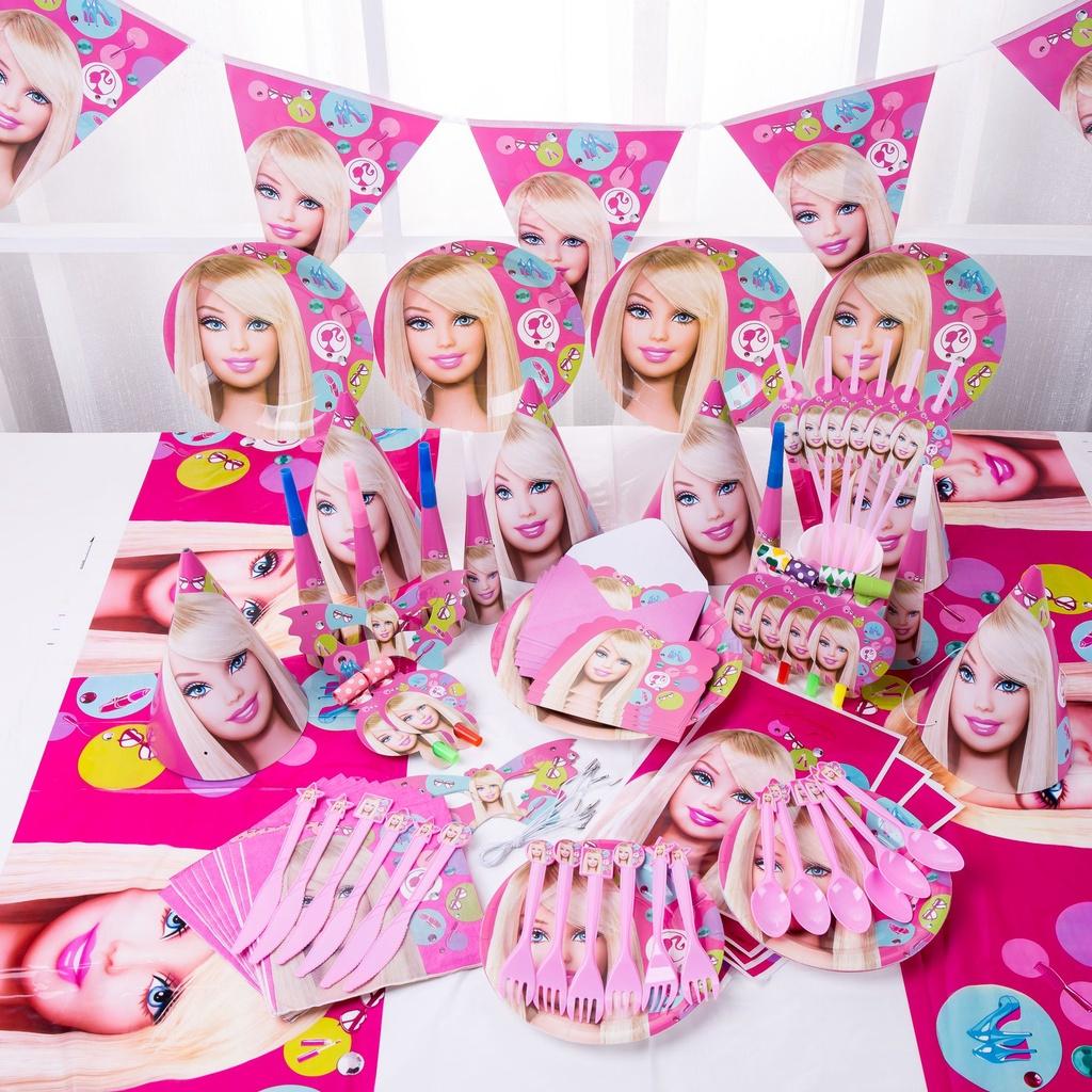 Barbie Doll Pink Birthday Supplies For Girls With Complete Tableware And Toys