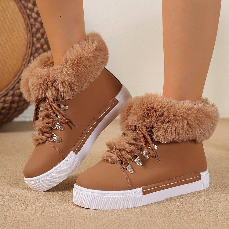 European, American autumn and winter new large size fluffy snow boots front lace-up thick-soled round head cotton