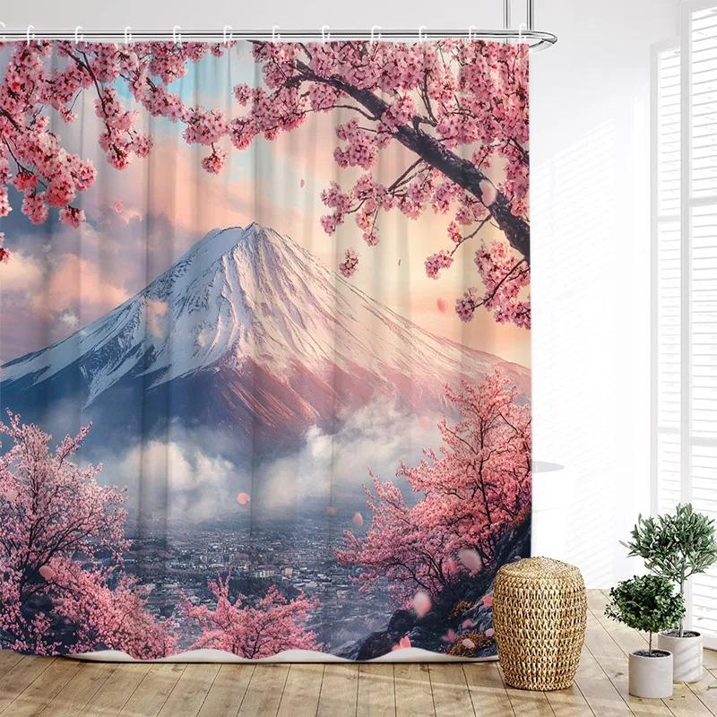 Japanese Style Landscape Shower Curtain Ink Mountain Cherry Blossom Pavilion Lake Asian Art Bath Curtains Home Bathroom Decor