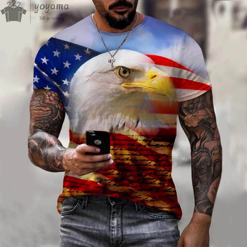 Summer Round Neck 3D American Flag Eagle Graphic Print Top Fashionable Casual Short Sleeved Men's T-shirts