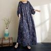 Cotton and Linen Printed Dress, Loose Robe, Lantern Sleeve Long Skirt