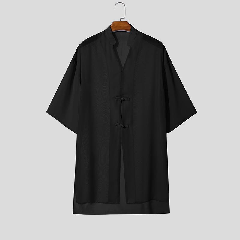 INCERUN Oversized Summer Men 3/4 Sleeve See Through Mesh Sheer Long Shirts Tops S