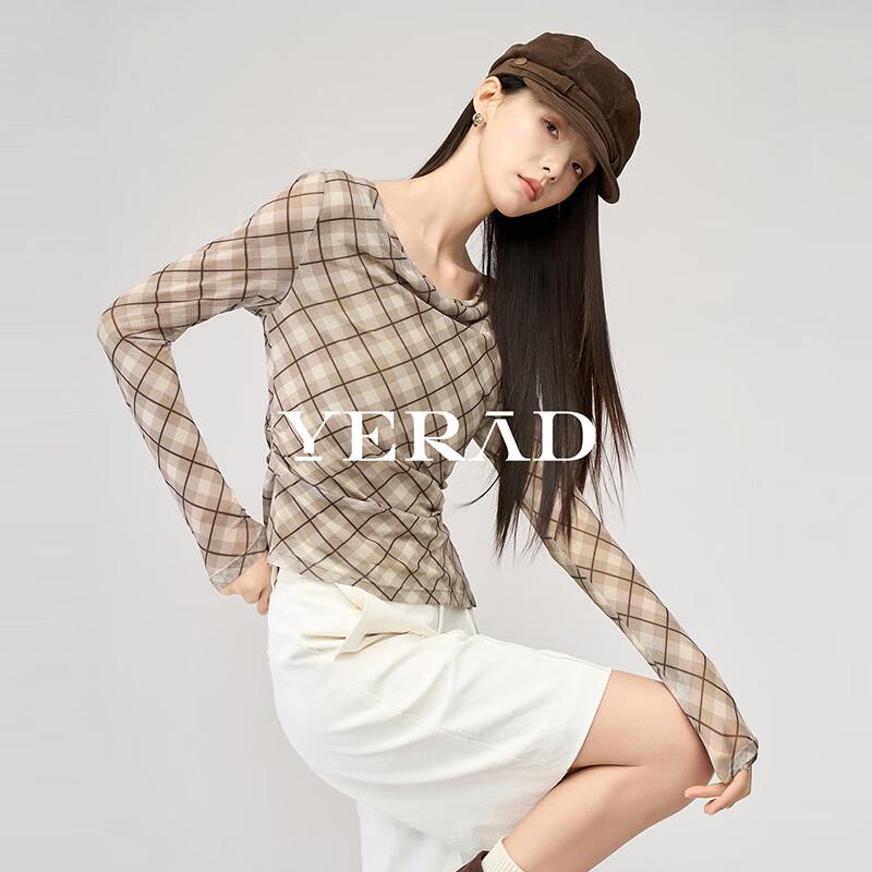 YERAD Women s French Style Plaid Cowl Neck Mesh Top S