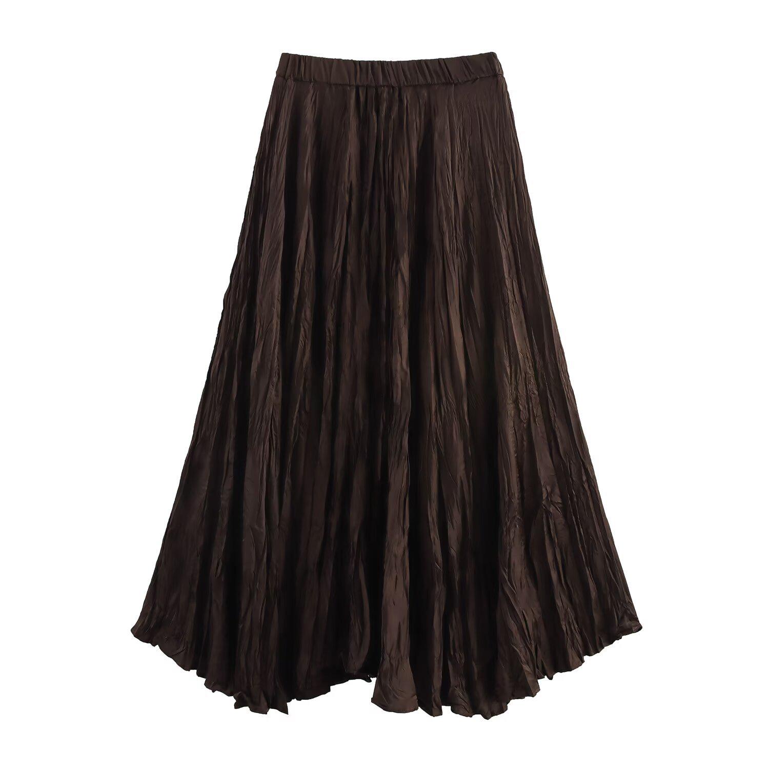 

2025 Spring Women s European-American Style Irregular Hem Pleated Midi Skirt with Elastic Waist One Size кофейный