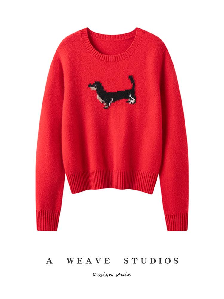 Women's Korean Style Black Dog Jacquard Cashmere Knit Sweater - Slimming, Warm, and Loose Fit for Autumn/Winter