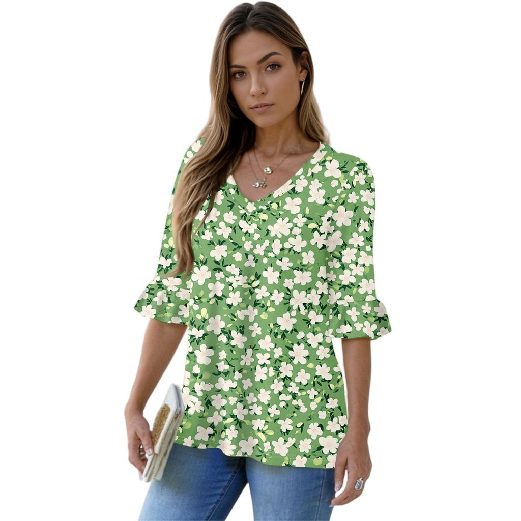 Women's Casual 3/4 Sleeve Tops V-Neck Sleeve T-Shirt Floral Print Tops