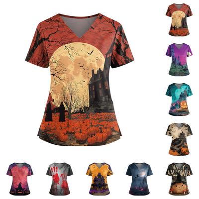 Halloween Print V Neck Short Sleeve Nurse Top with Double Pockets Split Hem Medical Scrub Shirt for Healthcare Workers and Caregivers