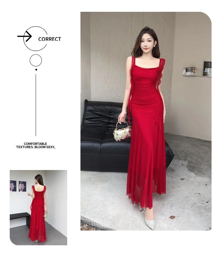 Elegant French Fairy Mesh Camisole Maxi Dress - Travel, Resort, Pleated, Cinched Waist, Hip-Hugging Mermaid Style for Women.