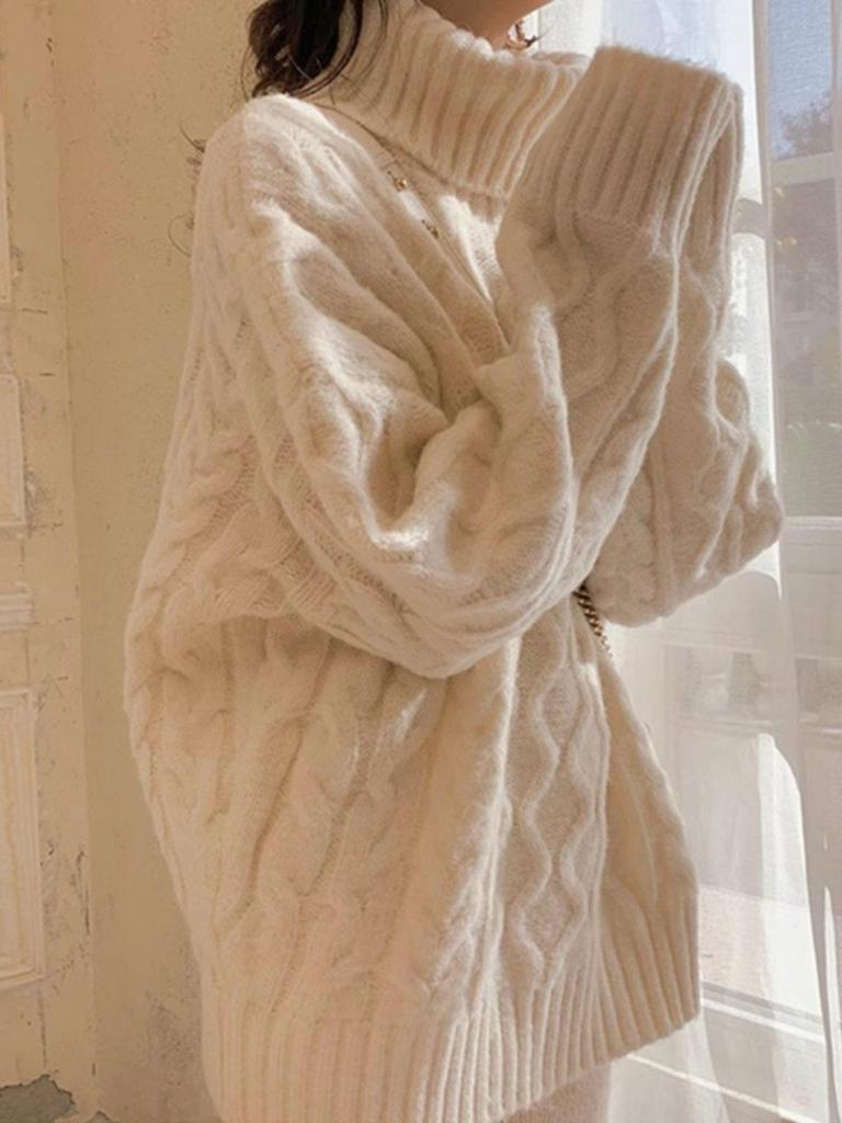 Women's Retro High-Neck Cable Knit Sweater - Loose Fit, Thickened for Autumn/Winter 2025