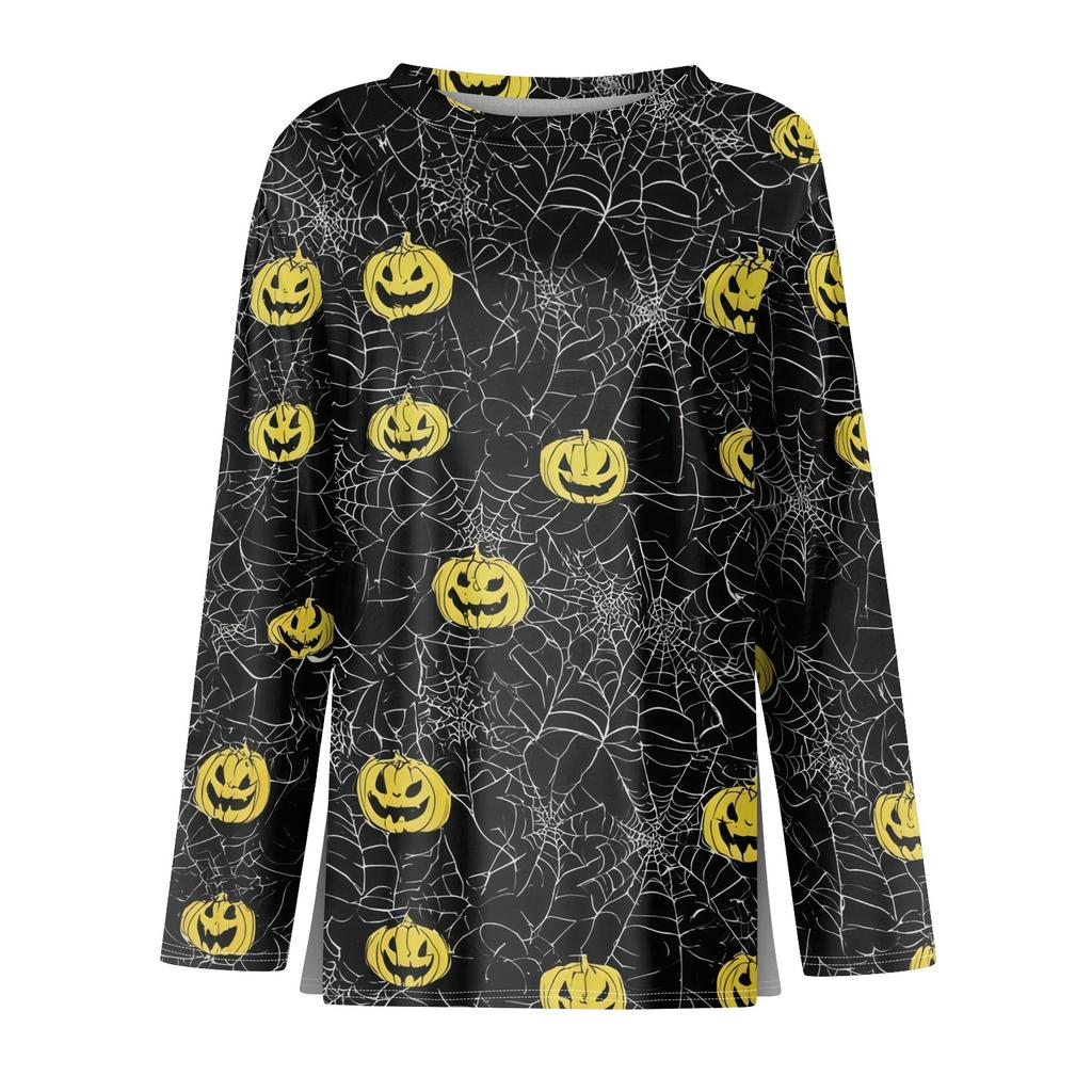Women's Halloween Print Long Sleeve Top with Round Neck and Hem Slit
