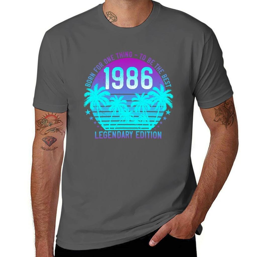 1986 Vintage 35th Birthday Aesthetic Sunset Palm Tree Tshirt Casual Holiday Short Sleeve Tee