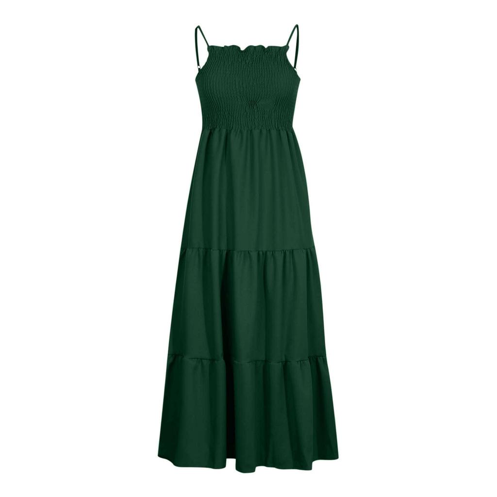 Strapless Dress For Women Color Summer Beach Boho Smocked Tube Top Straps Swing Dress
