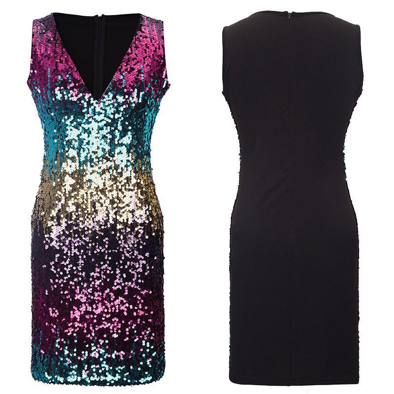 

Women Dress Fashion Vneck Sleeveless Sequins Club Party Cocatail Dresses Mini XXL синій