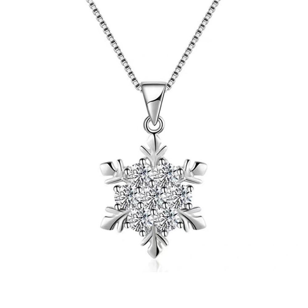 Cute Female Crystal White Zircon Stone Snowflake Pendant Necklace Vintage Silver Color Wedding  For Women
