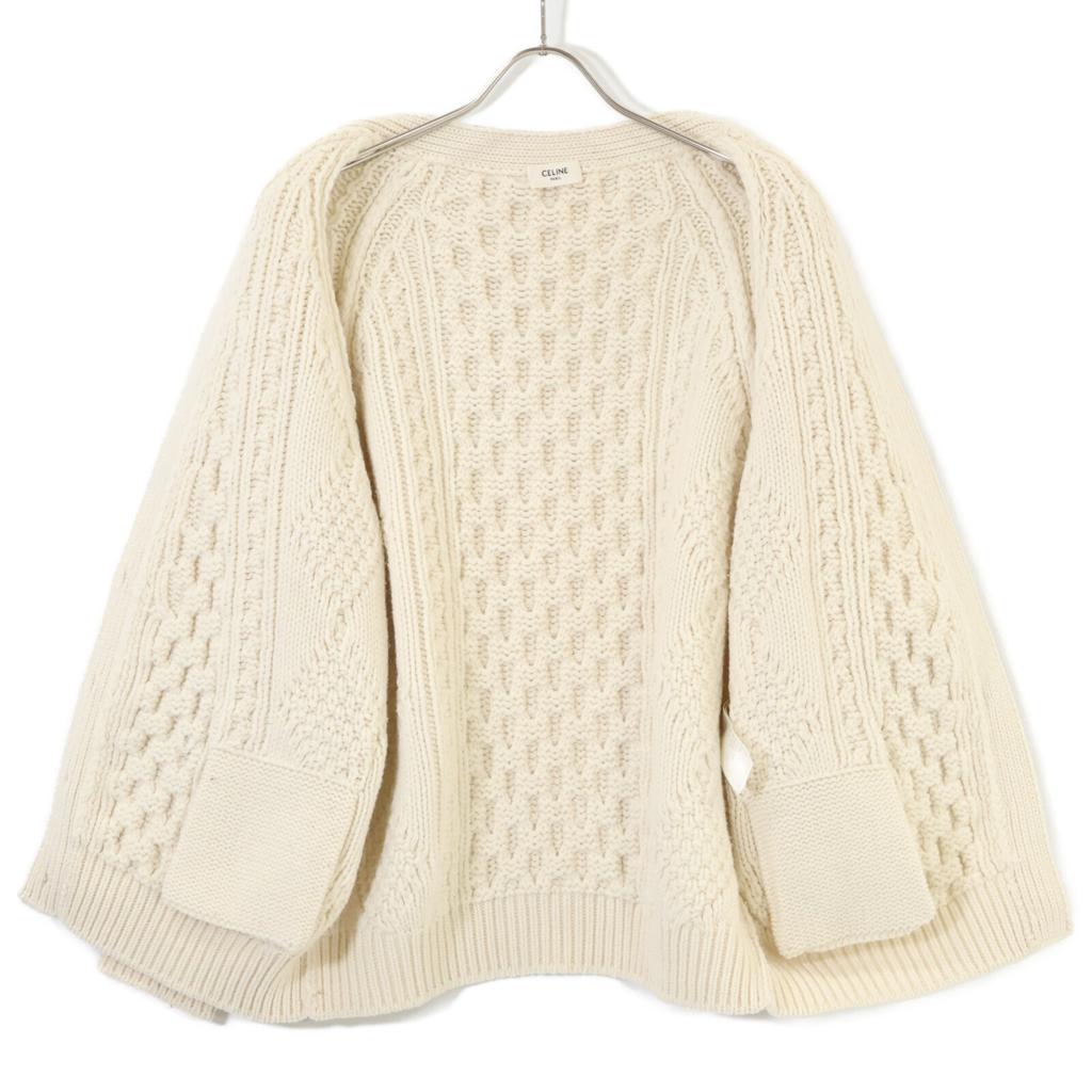 Celine [Excellent Condition/Domestic Authentic] 2A551374D Walnut Button Wool X Cashmere Cable Knit Cardigan/ Tops S whiteUsed