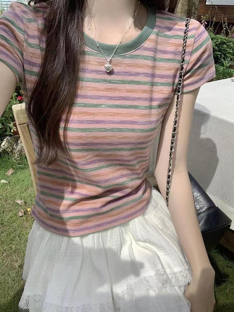 Women's 2024 Summer Color-Blocked Striped Short-Sleeve Round Neck T-Shirt