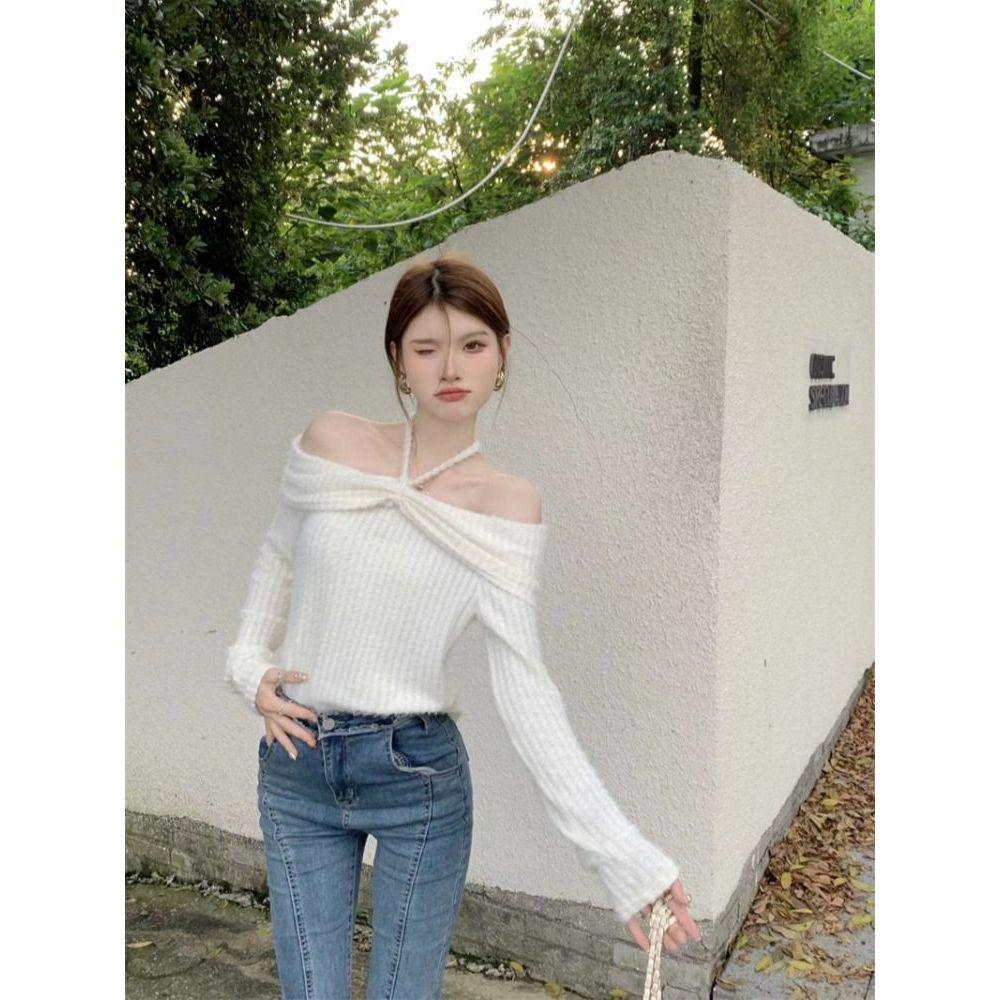 Koreanischer Spicy Girl Neckholder Schulterfreier Pullover - Damen Herbst Langarm Stilvolles Oberteil