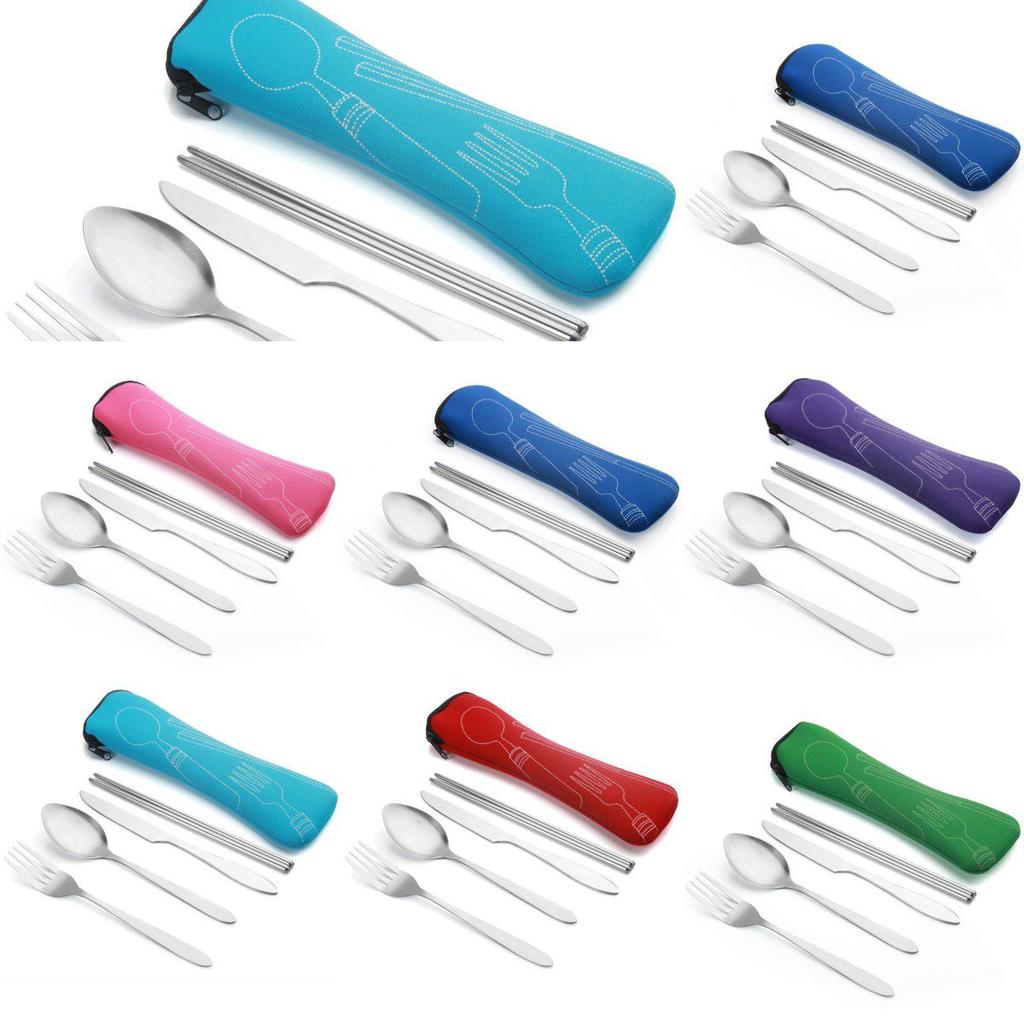 Steel 4pcs Stainless Fork Spoon Chopstick Travel Camping Cutlery Gift Set