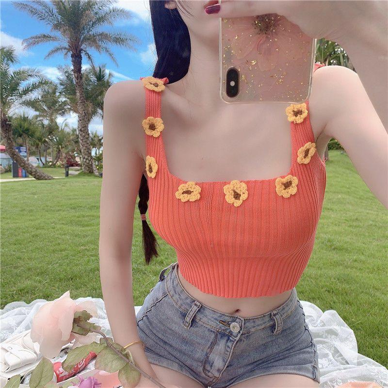 Design Sense Niche Wearing Daisy Camisole Tank Top for Women In Summer Spicy Girl Knitted Short Top Trendy