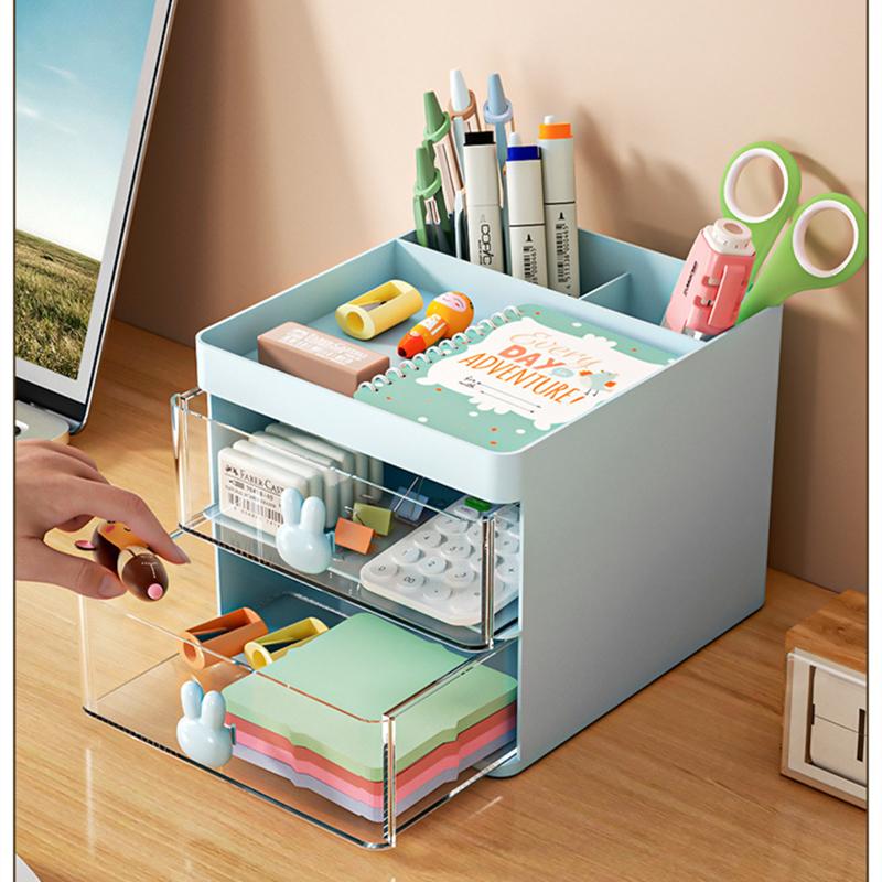 1pc 2-layer Cartoon Creative Pen Holder Transparent Drawer Rabbit Storage Box Children's Girls Student Office Desktop