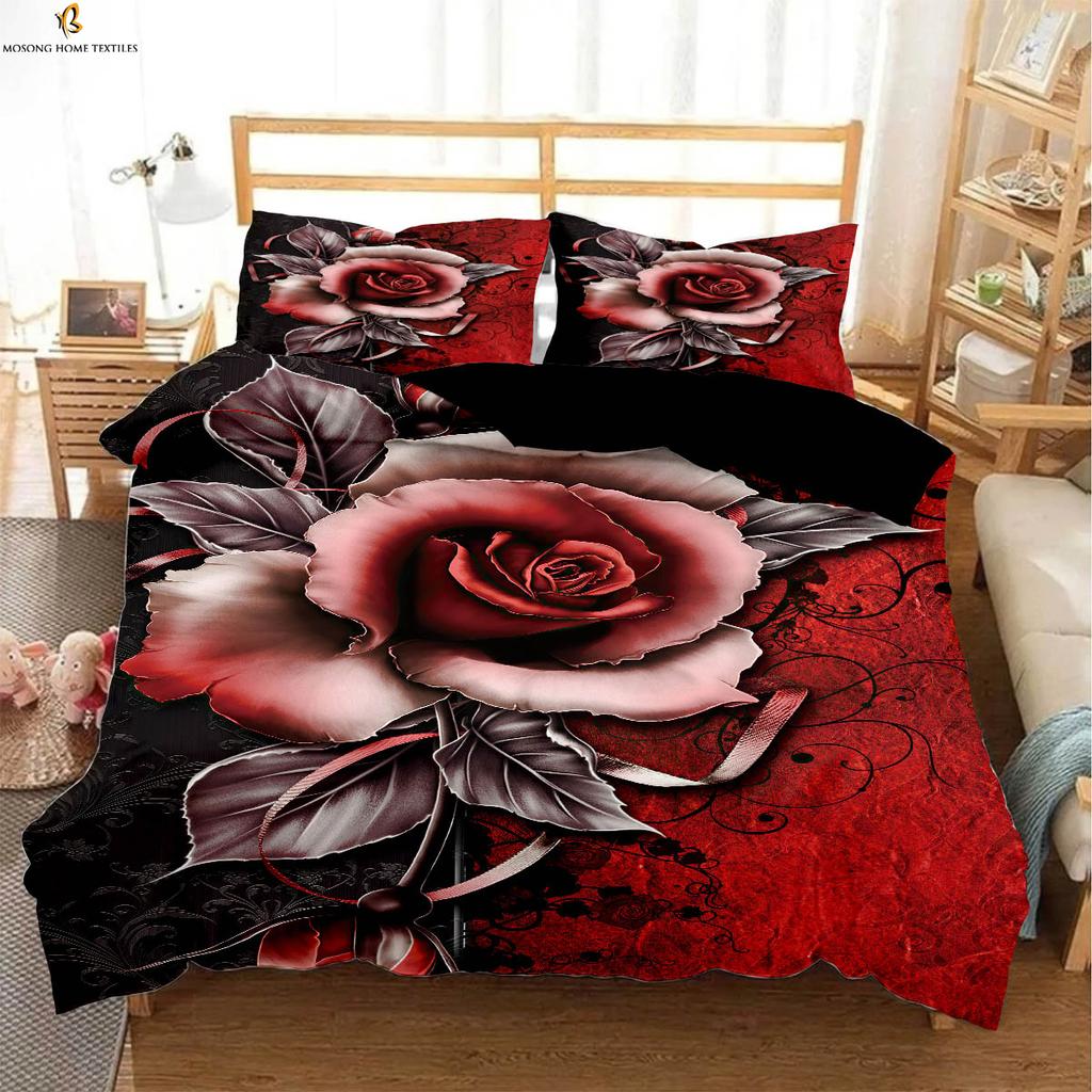 Valentine Day Romantic Red Rose Printing Quilt Cover Black White Color Matching Bedding Set Pillowcase Curtain Polyester