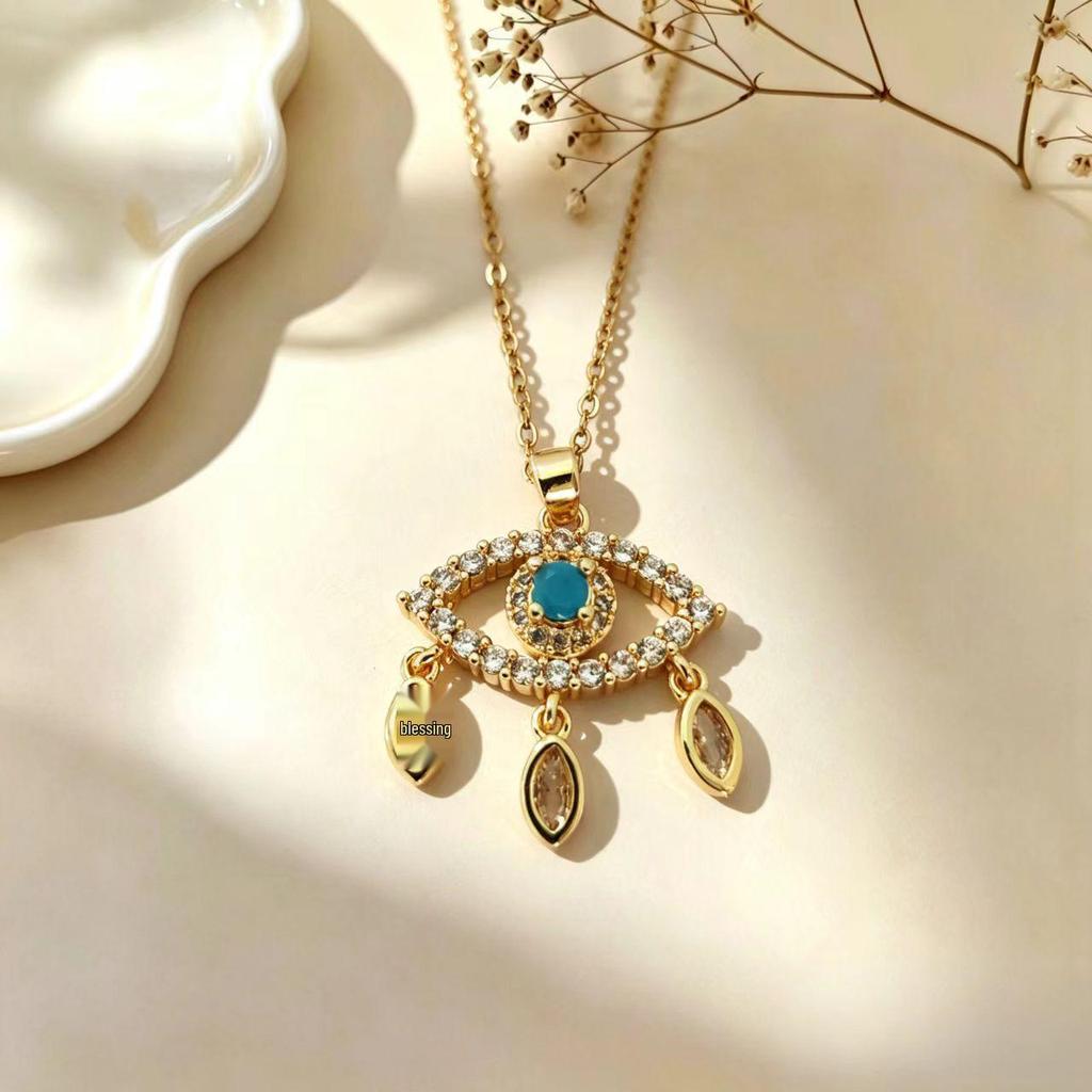 European-American Zirconia Evil Eye Necklace - Colorful Copper Clavicle Chain Jewelry
