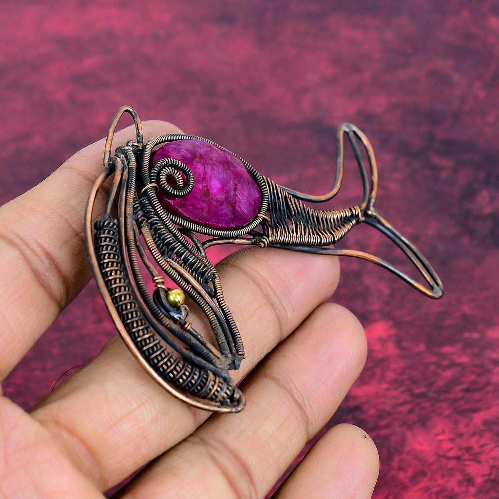Faceted Kashmir Ruby Pendant Fish Pendant Copper Wire Wrapped Gemstone Jewelry