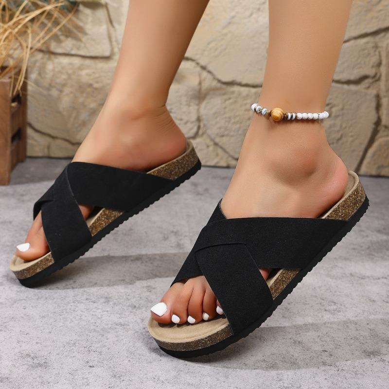 Summer Retro Cork Flat Bottom Cross with Cool Slippers, Wearing Thick Bottom Large Size Women's Slippers