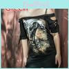 Skull Womens Fashion Printed Cool Black Tshirt Plus Size Slash Slit Tops