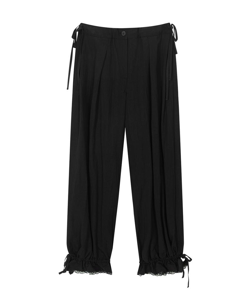 Haitaideupeulaengki Lace Hem Wide Pants Black