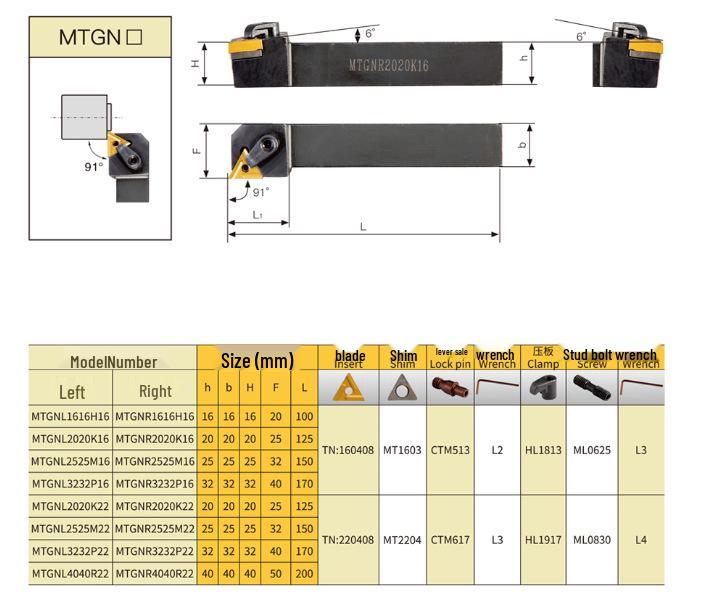 91° CNC Tool Holder MTGNR/MTGNL Series: 1616H16/2020K16/2525M16/3232P16