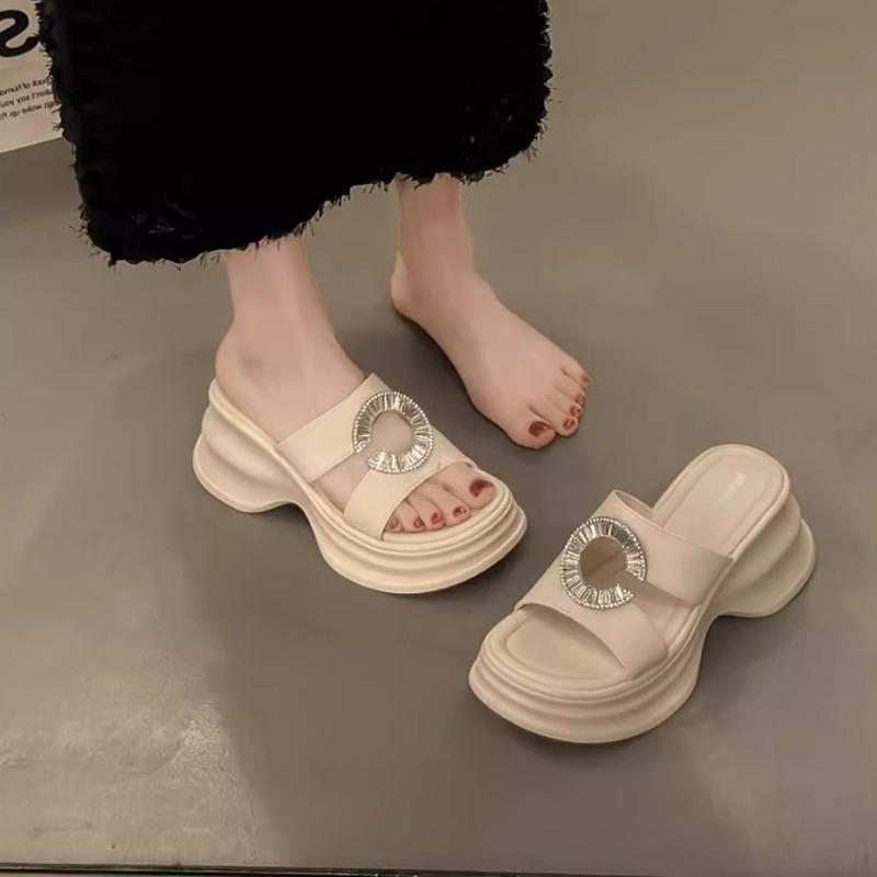 Premium niche thick-bottomed wedge slippers women's summer wear new versatile high-heeled rhinestone casual one-word sandals