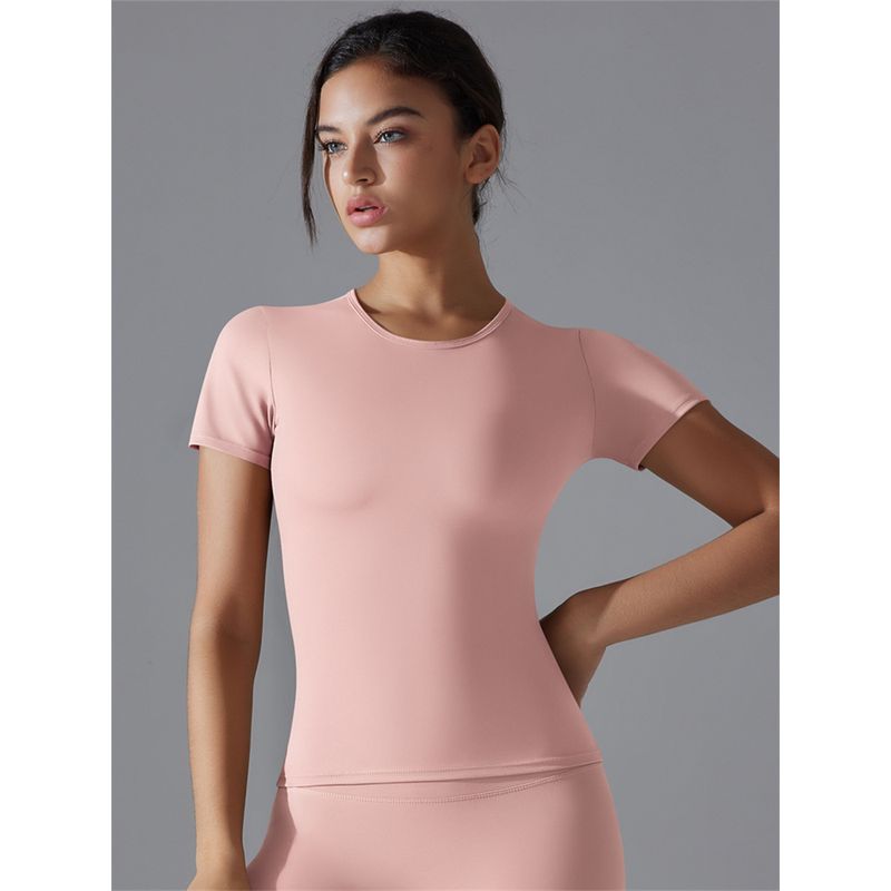 2025 Summer Pure Color Double-Sided Brushed High Elastic Tight Breathable Yoga Clothes Short Sleeve Sports Running Workout T-shirt Women