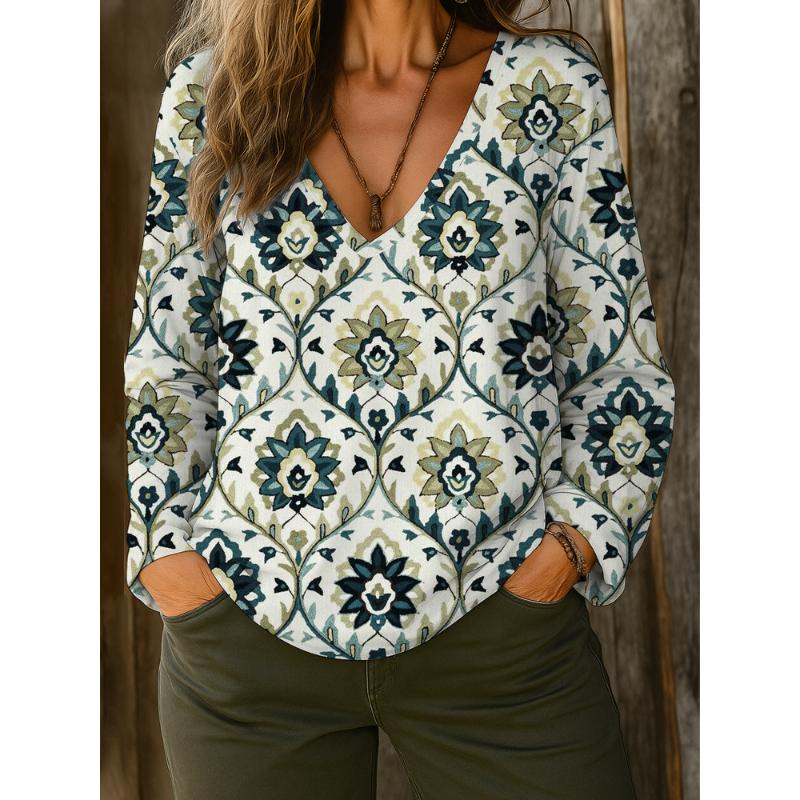 2025 New Women's Casual Long Sleeve V-Neck Regular Digital Printed Women's Tops T-Shirt