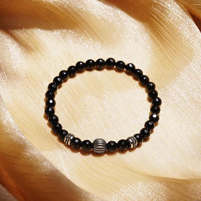 Antique Wrinkle Ball Point Black Cut Onyx Gemstone Bracelet (C2403AC1187_BK)