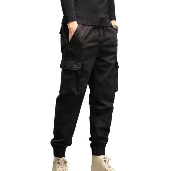 

Брюки-карго на шнурке с несколькими карманами и эластичной резинкой на талии, однотонные спортивные штаны на весну и осень, уличная одежда для мужчин L чёрный
