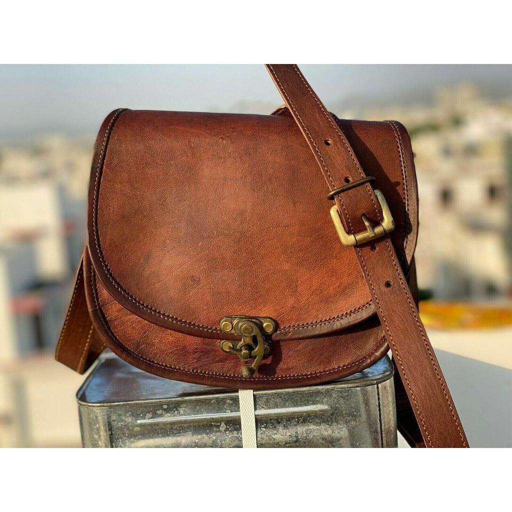 Genuine Brown Leather Messenger Shoulder Cross Body Bag Womens Vintage