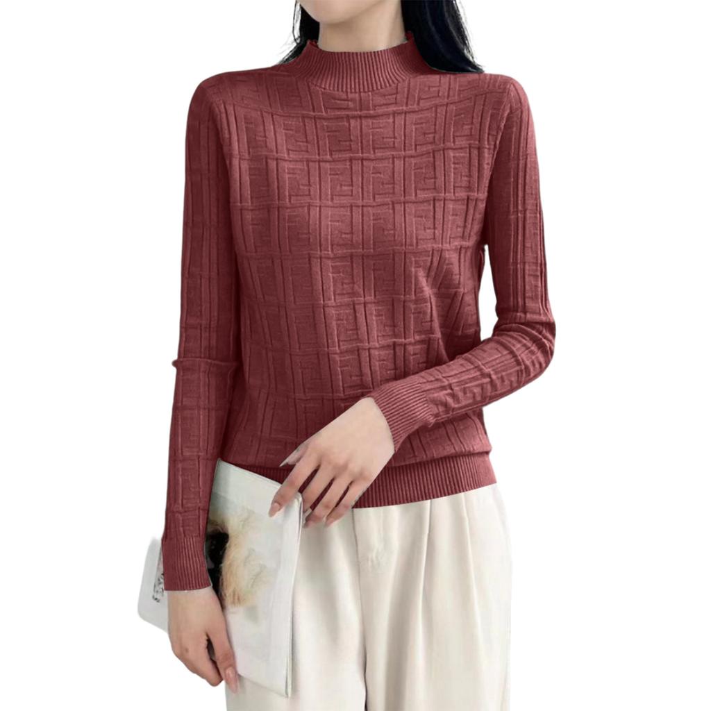 Women's Half Turtleneck Sweater Loose Slimming Long Sleeve Plaid Knitted Bottoming Shirt