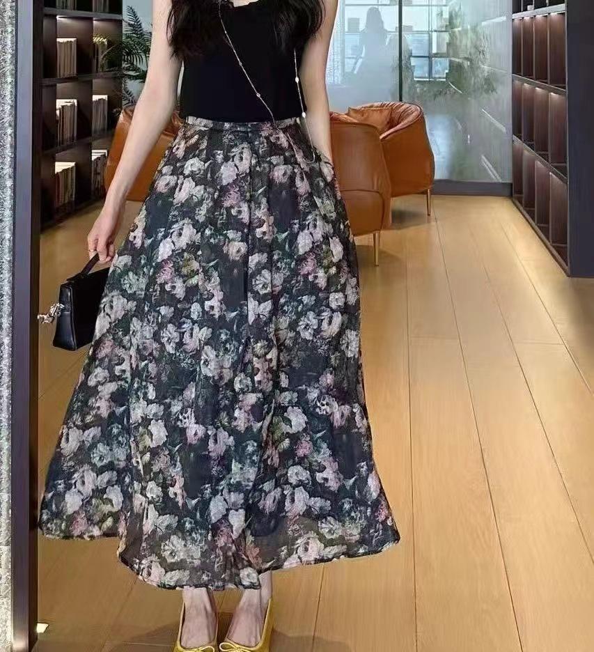 

Johnature Women Vintage Print Floral Skirts Elastic Waist Summer Loose Female Skirts One size