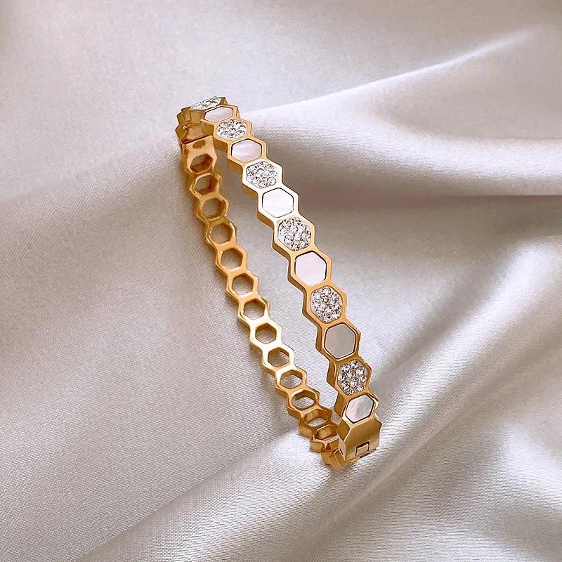 Women's 18K Gold Rhinestone & Shell Titanium Steel Bangle - Luxury Hollow Out Design