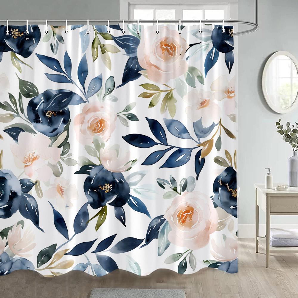 Floral Shower Curtains Watercolour Blue Purple Flowers Butterfly Leaves Plant Bath Curtain Polyester Bathroom Decor with Hooks