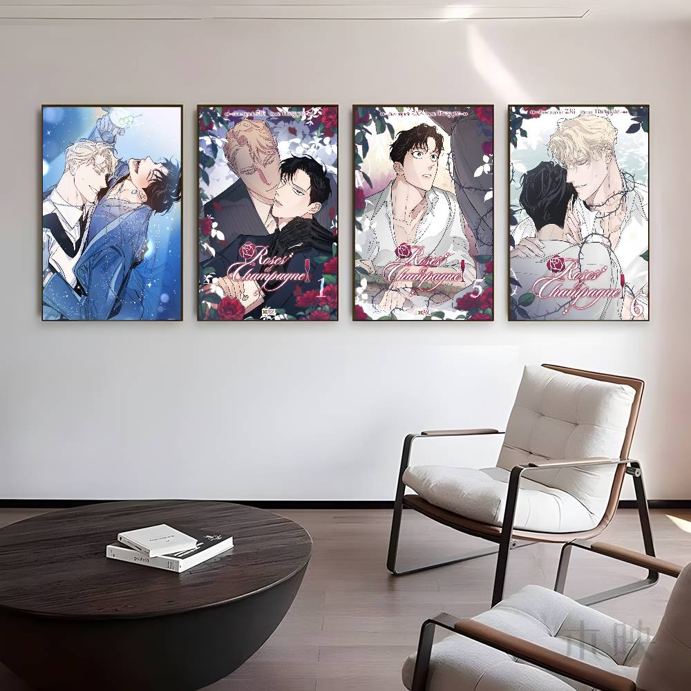 1ks Anime R-Růže a šampaňské Plakát Samolepka Tisk Voděodolné Nástěnné umění do obývacího pokoje Ložnice Domácí dekorace